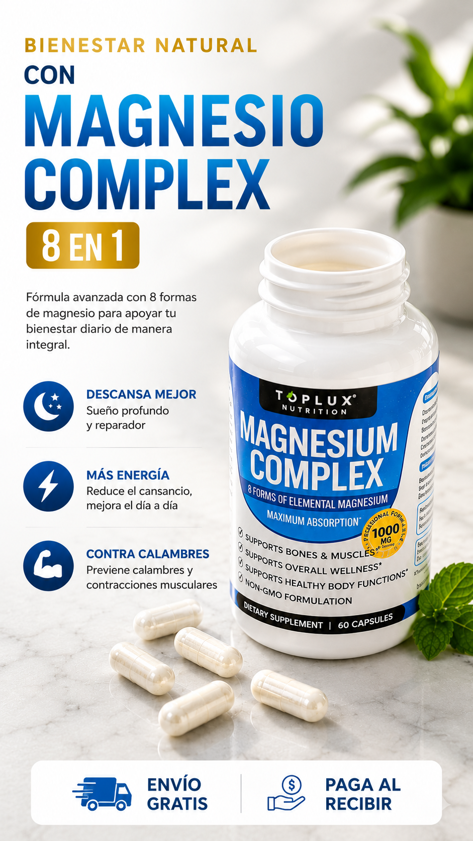 🔥Magnesio Complex 8 en 1 ORIGINAL 1000 mg ⭐ 120 Cápsulas en total.