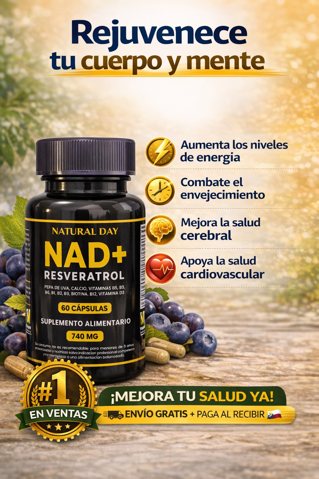 NAD + RESVERATROL 60 cap ⚡ Energía Celular, Antioxidante y Apoyo al Envejecimiento Saludable.