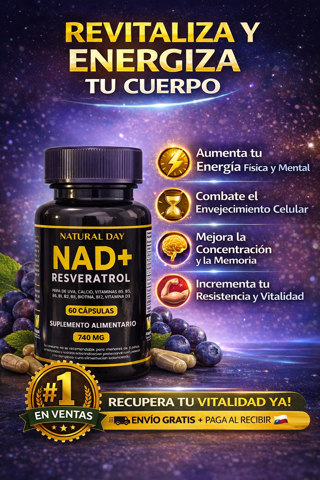 NAD + RESVERATROL 60 cap ⚡ Energía Celular, Antioxidante y Apoyo al Envejecimiento Saludable.