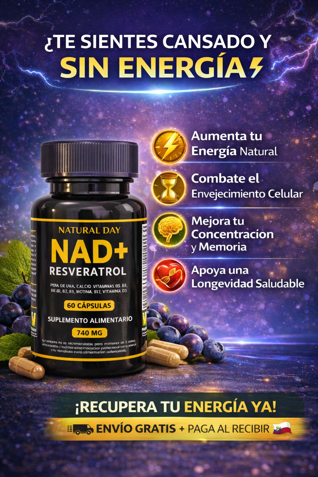 NAD + RESVERATROL 60 cap ⚡ Energía Celular, Antioxidante y Apoyo al Envejecimiento Saludable.
