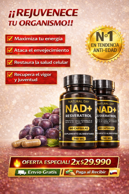 NAD + RESVERATROL 60 cap ⚡ Energía Celular, Antioxidante y Apoyo al Envejecimiento Saludable.