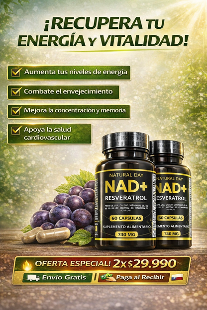 NAD + RESVERATROL 60 cap ⚡ Energía Celular, Antioxidante y Apoyo al Envejecimiento Saludable.