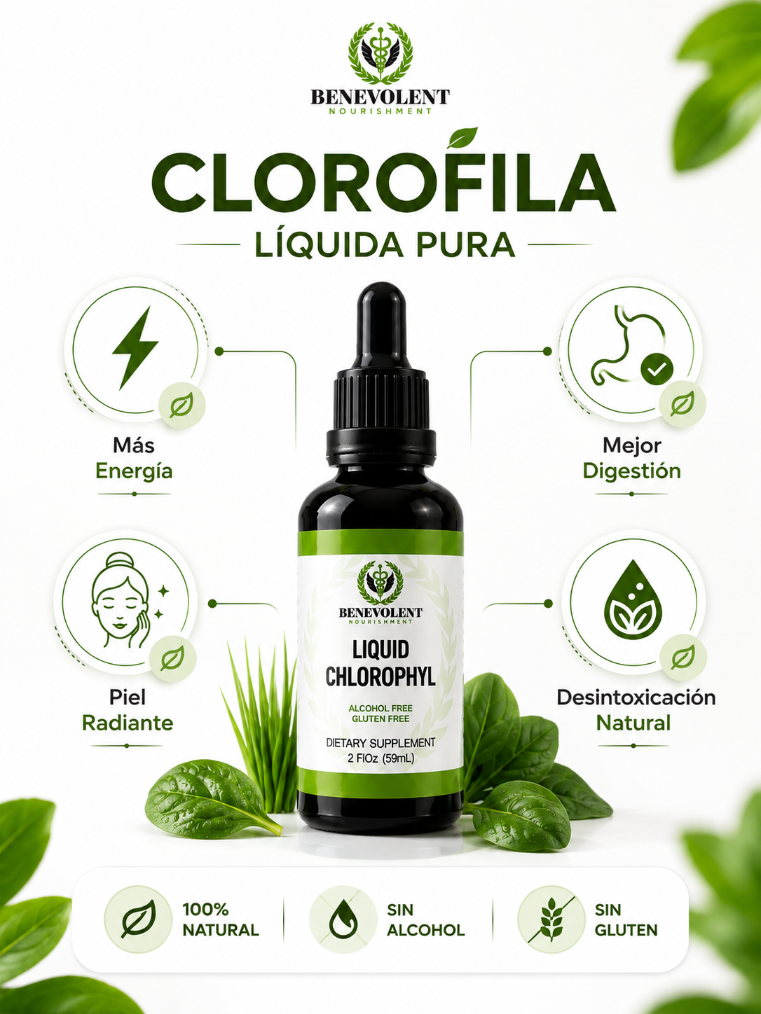 🌿CLOROFILA BENEVOLENT 60 ML– SIÉNTETE FRESCA, LIVIANA Y SEGURA– HOY 2X1!