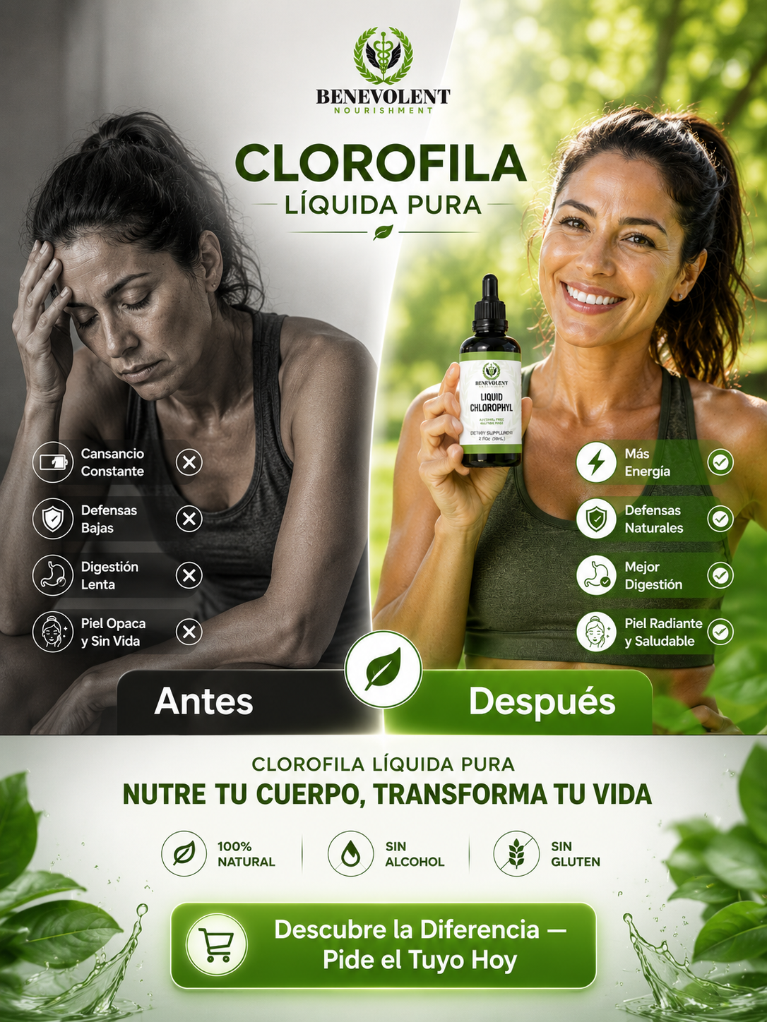 🌿CLOROFILA BENEVOLENT 60 ML– SIÉNTETE FRESCA, LIVIANA Y SEGURA– HOY 2X1!